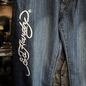Ladies Vintage Ed Hardy Blue Embroidered Jeans 30/30